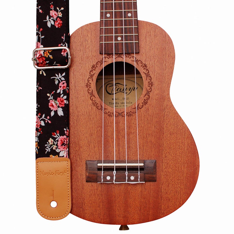 MUSIC FIRST Original Design â€œRosa Multiflora in Blackâ€ Soft Muslin & Genuine Leather Ukulele Strap Ukulele Shoulder Strap - Image 1